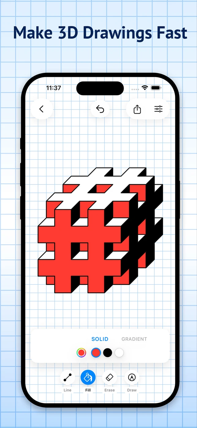 3D hashtag-shaped block drawing in red, white and black on graph paper, with solid fill colors selected and Line, Fill, Erase and Draw tools below